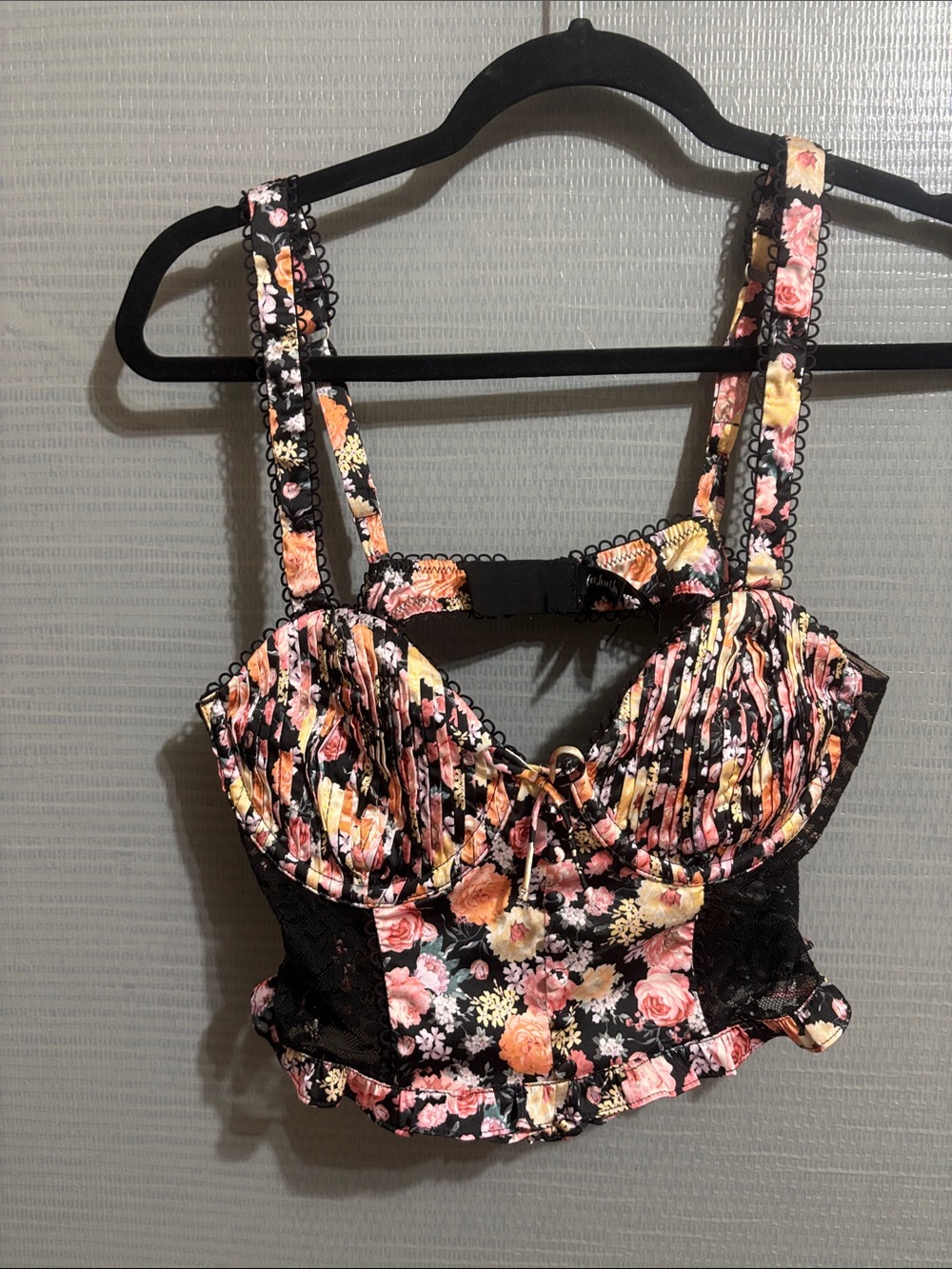 For Love & Lemons Black Floral Lace Bustier Bra Top with Pink & Peach Flowers